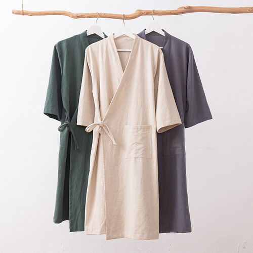 Lusu cotton linen linen pure Chinese style partial-breasted bathrobe yukata bed and breakfast hotel steaming suit high-end club SPA beauty