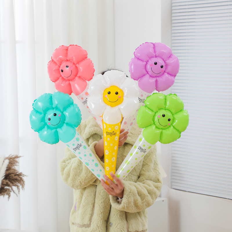 Cartoon Kidsren's Long Stick Daisy Flower Sunflower Smiley Face Aluminum Film Balloon Classroom School Kindergarten Layout