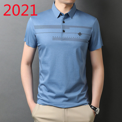 博頓保龍2021夏季男士直筒型短袖翻領休閑純色藍色港風工作服批發