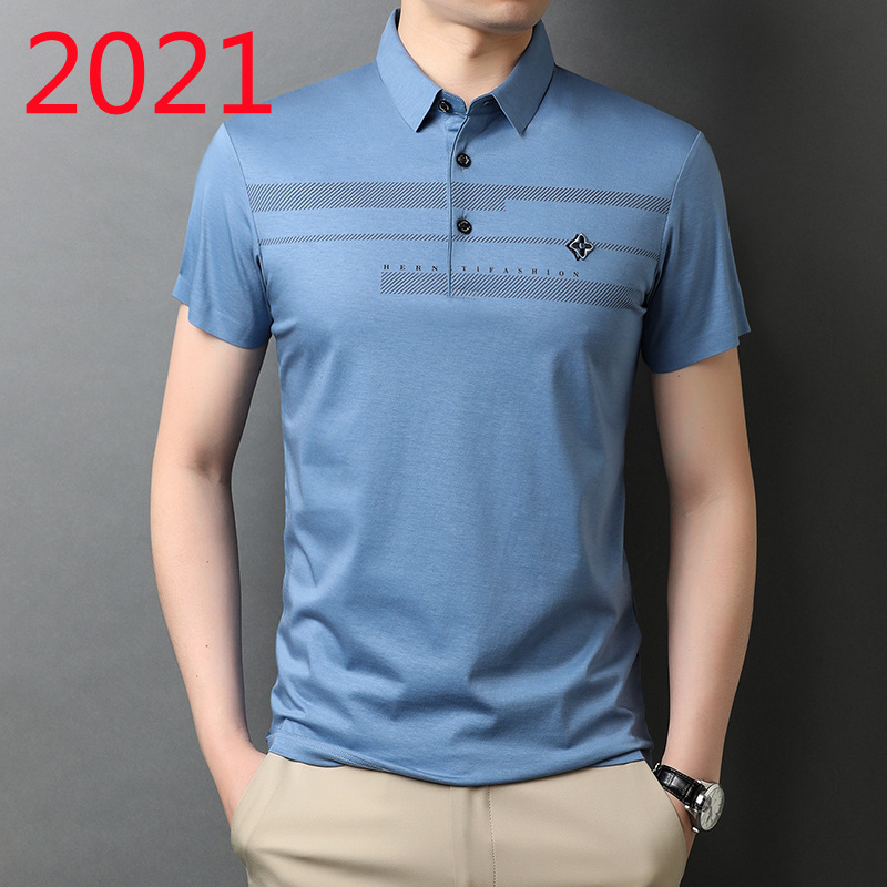 博頓保龍2021夏季男士直筒型短袖翻領休閑純色藍色港風工作服批發