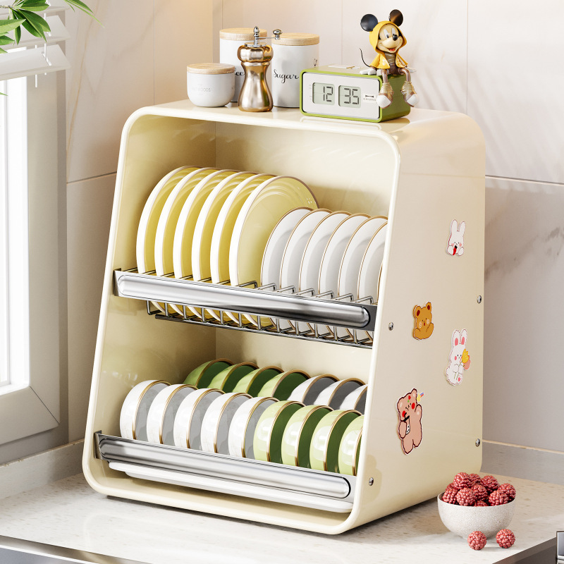 Kitchen Countertop Dish Rack Storage Cabinet Household Double-Layer Full-Slope Tableware Storage Rack with Drain Tray Kitchen Countertop Dish Rack Storage Cabinet Household Double-Layer Full-Slope Tableware Storage Rack with Drain Tray