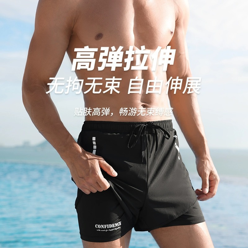 대외 무역 인기 여름 신작 남성용 수영 트렁크, 부끄러움 방지, 새로운 더블 레이어 속건성 전문 비치 팬츠, 대형 반바지