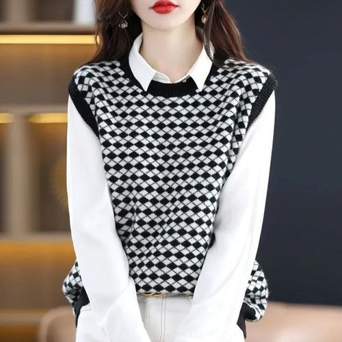 Women's Stylish Color-Block Casual Top with Crew Neck | Autumn Fashionable Checkered Vest | Knitted Base Sweater