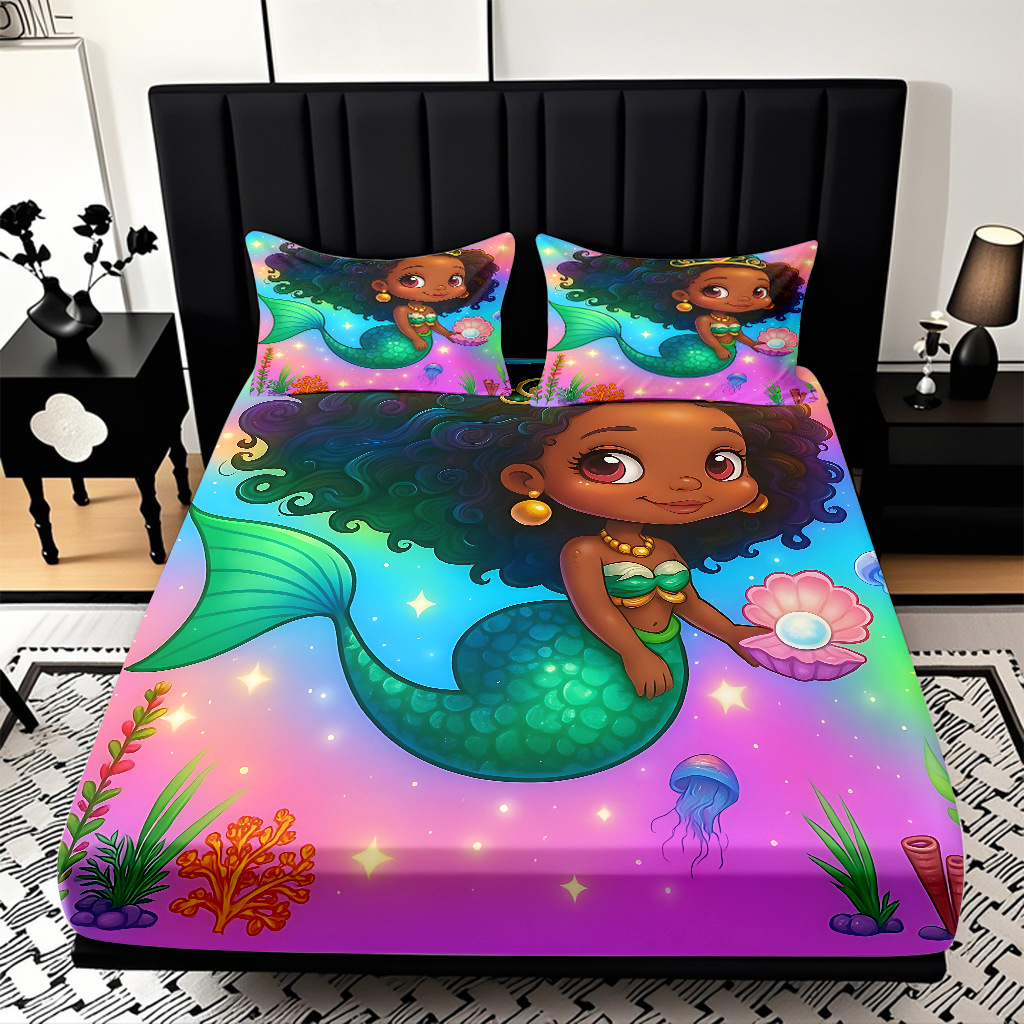 Modo JIT Temu serie de dibujos animados de sirena textil doméstico impresión digital cama de cama de cama kit fábrica de procesamiento