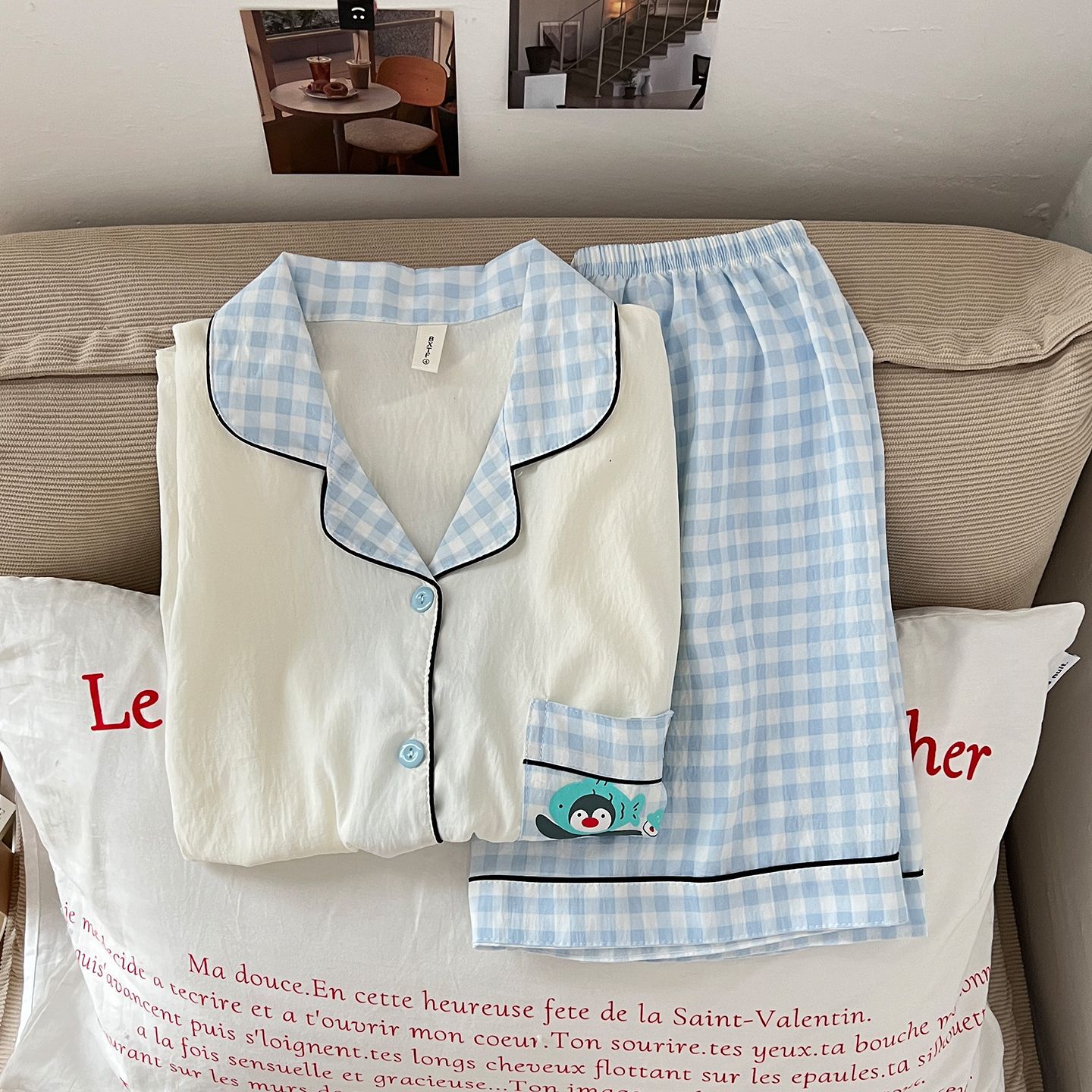 Pijamas de algodón de nube al por mayor transfronterizo para mujer, cárdigan fino de manga corta de verano, traje de servicio a domicilio de estudiante de dibujos animados dulce y lindo