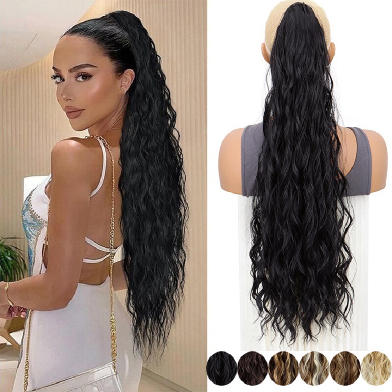 Cross-Border Free Shipping European and American New Style Cross-Border Wig Long Curly Hair Wig Braid Ponytail Water Wave Wig Drawstring Long