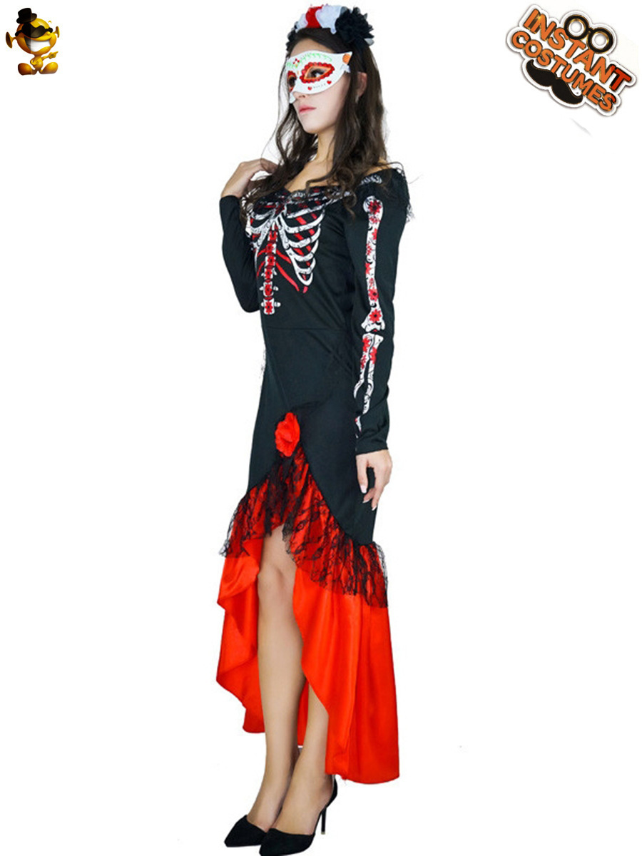 Halloween de las mujeres adultas Día de los muertos colorido fantasma hueso cráneo traje grande femenino rol esqueleto fantasma hueso falda