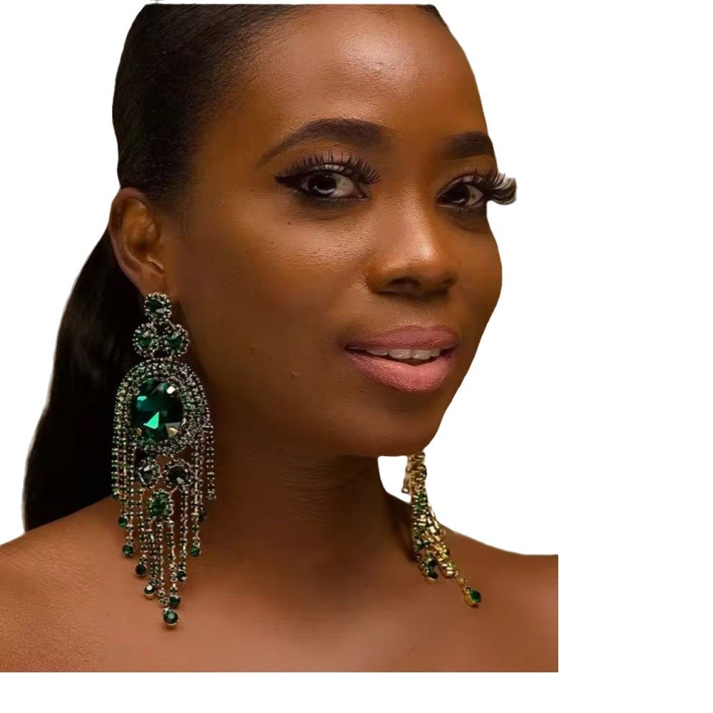 Exaggerated Rhinestone Floral Drop Earrings With Long Tassels_voghion.com