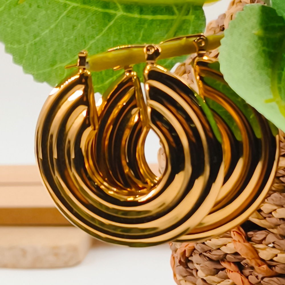 Street Occasion 304 Stainless Steel Material Round Pattern PVD Coated 18K Gold Real Gold Plated Round 304 Stainless Steel Commute Waterproof Non Tarnish 304 Stainless Steel Earrings