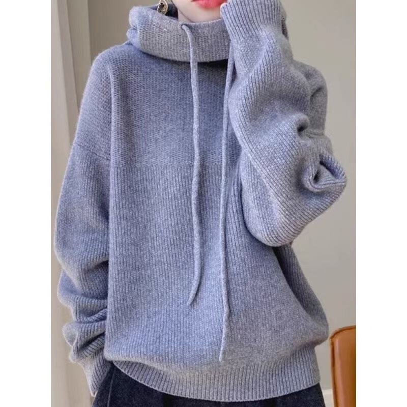 European New Style 100 Wool Sweater Women's Hooded Thickeneded Lazy Style Loose Slimming Look Bottoming Long-Sleeved Knitted Sweater