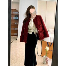 秋冬酒红色喜庆小香风时尚外套保暖气质小个子短外套女装