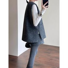 法式复古灰色叠穿感毛呢马甲短裤套装女装秋冬季新款