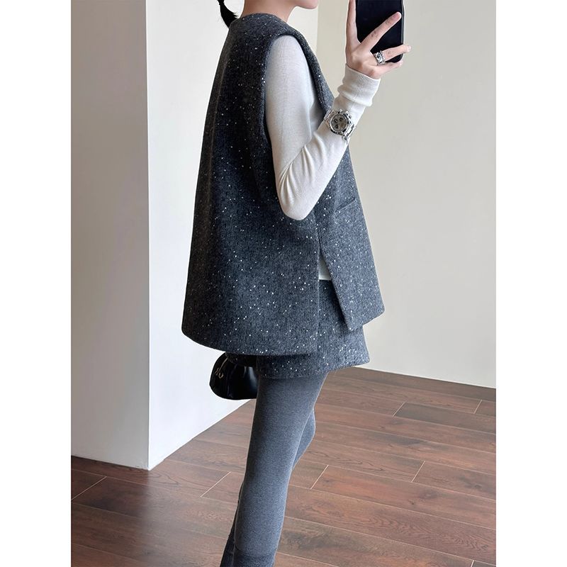 法式复古灰色叠穿感毛呢马甲短裤套装女装秋冬季新款