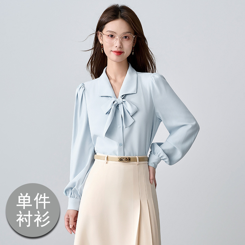 蝴蝶结蓝色衬衫女2025春秋新款通勤穿搭法式面试长袖衬衣职业上衣|undefined