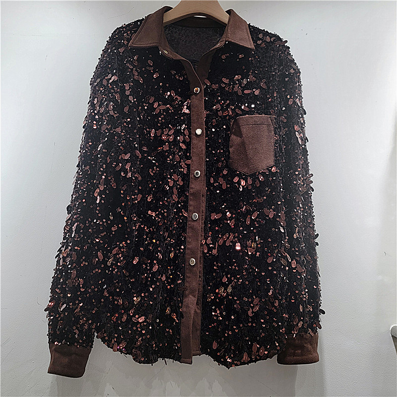 Diseño de cuentas de lentejuelas de estilo europeo y americano camisa de nicho avanzada moda relajada camisa casual moda femenina