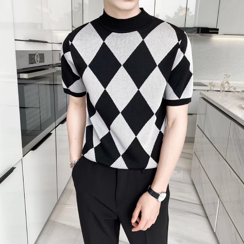 Silk Japanese retro trend knitted T-shirt with diamond pattern