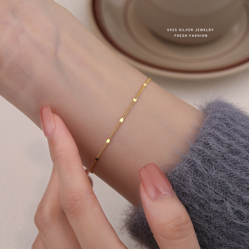Damenarmband, 925er Sterlingsilber, plattiert, schlichtes, frisches Design mit runden Glitzerperlen, vielseitiger und modischer Schmuck_voghion.com
