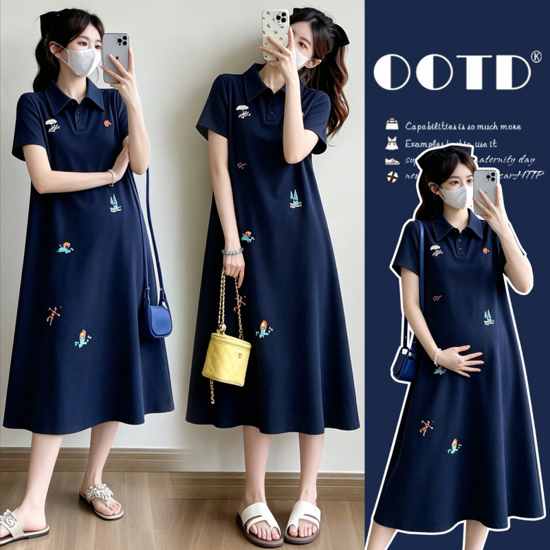 Maternity Summer Fashion Stylish Dress Trendy Mom New Korean Style Loose Casual Slimming Polo Collar T-Shirt Dress
