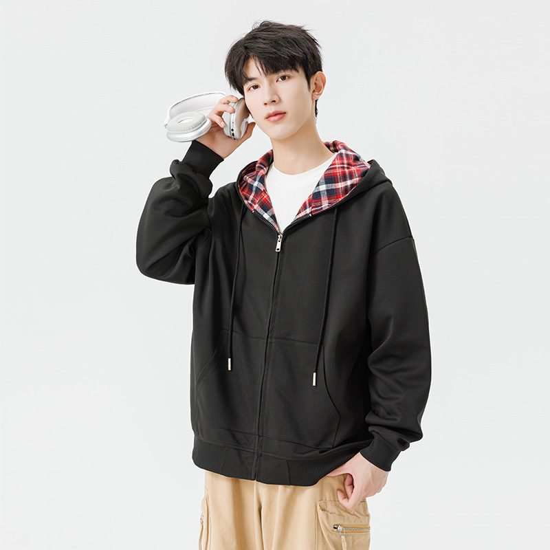 American Plaid Cardigan Sweater Men's Spring and Autumn New Loose Hooded Top Couple's Fashionable Brand Clothes Zipper Jacket American Plaid Cardigan Sweater Men's Spring and Autumn New Loose Hooded Top Couple's Fashionable Brand Clothes Zipper Jacket