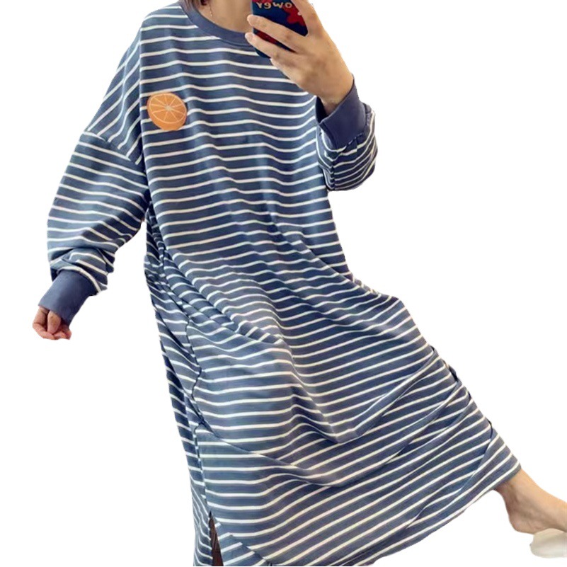 Primavera y otoño 2024 nuevo camisón manga larga Internet Celebrity ins estilo suelto bordado rayas fruta vestido desgaste del hogar