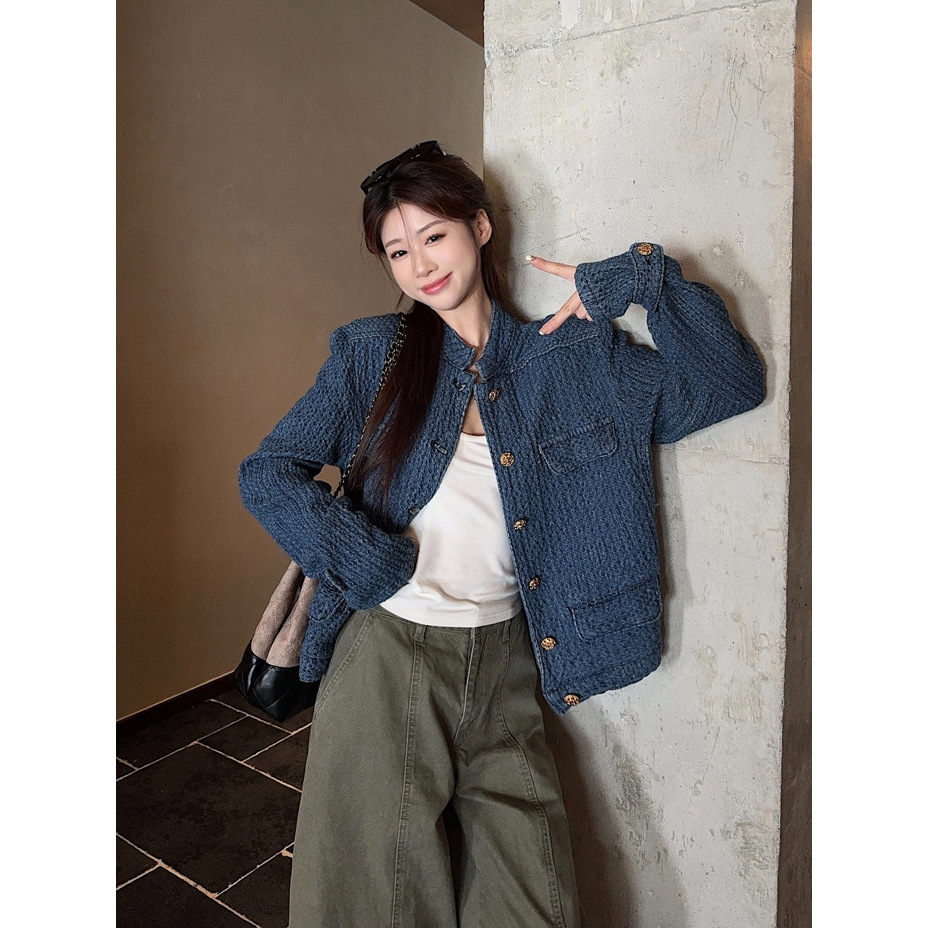 Old Money Style Textured Denim Jacket Women's Autum 2025 New Blue H-Shaped Stand-Up Collar Jacket Top