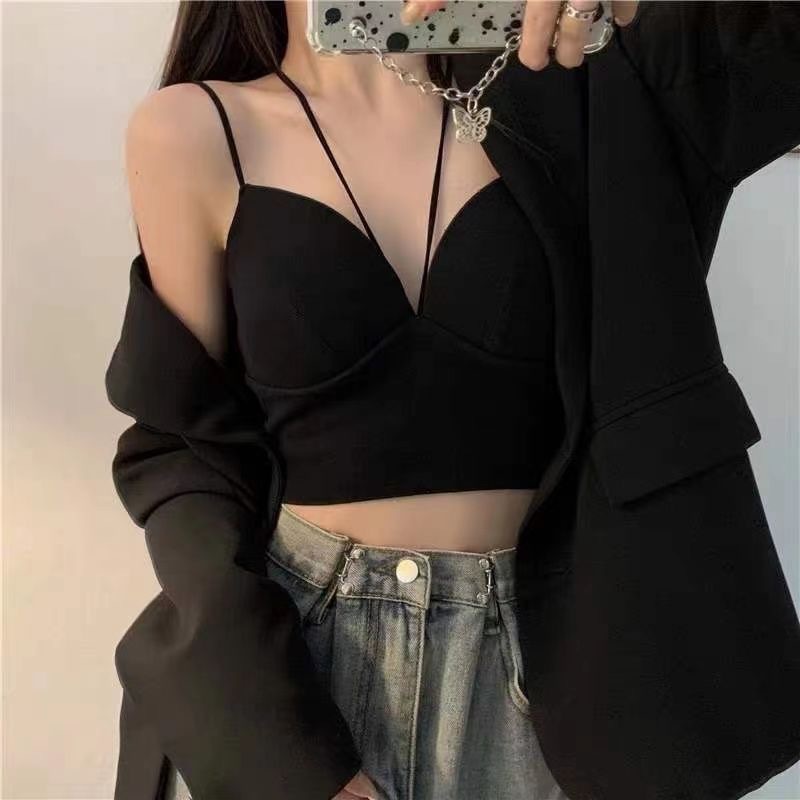 夏季薄款吊帶背心帶胸墊修身百搭抹胸交叉美背性感打底上衣女