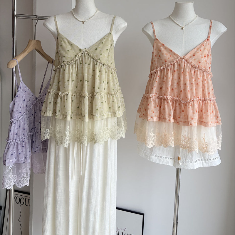 [比正]2026 Summer New Product Korean Style Holiday Style Polka Dot Lace Splicing Suspender Top for Women 7089