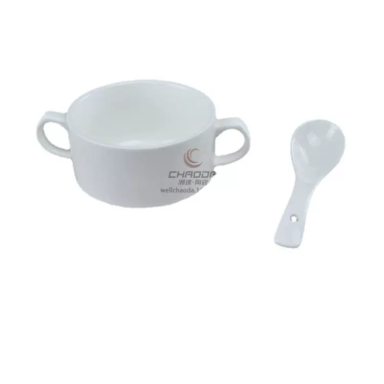 4寸三脚双耳汤盅350ml底碟单人西餐蘑菇汤盅套装酒店酒楼炖汤碗