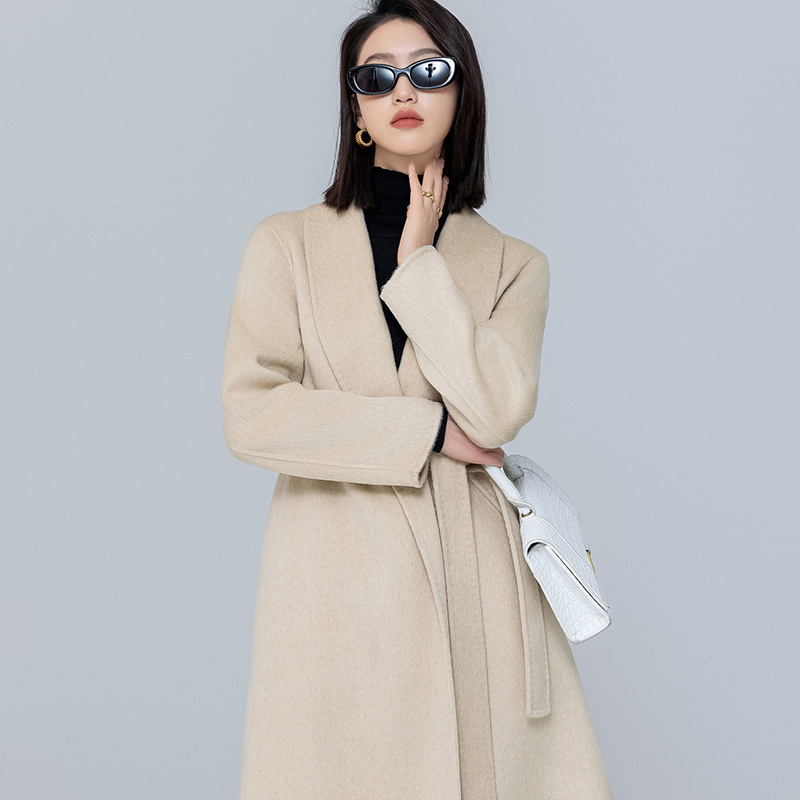 2023 autumn and winter minimalist classic Alashan camel velvet coat women's waist double-sided woolen mid-length cashmere coat
