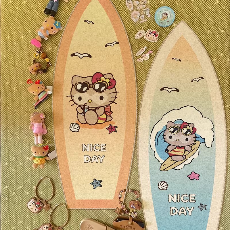 创意卡通凯蒂猫冲浪板仿羊绒柔软脚踩地毯家用卧室床边毯现货批发