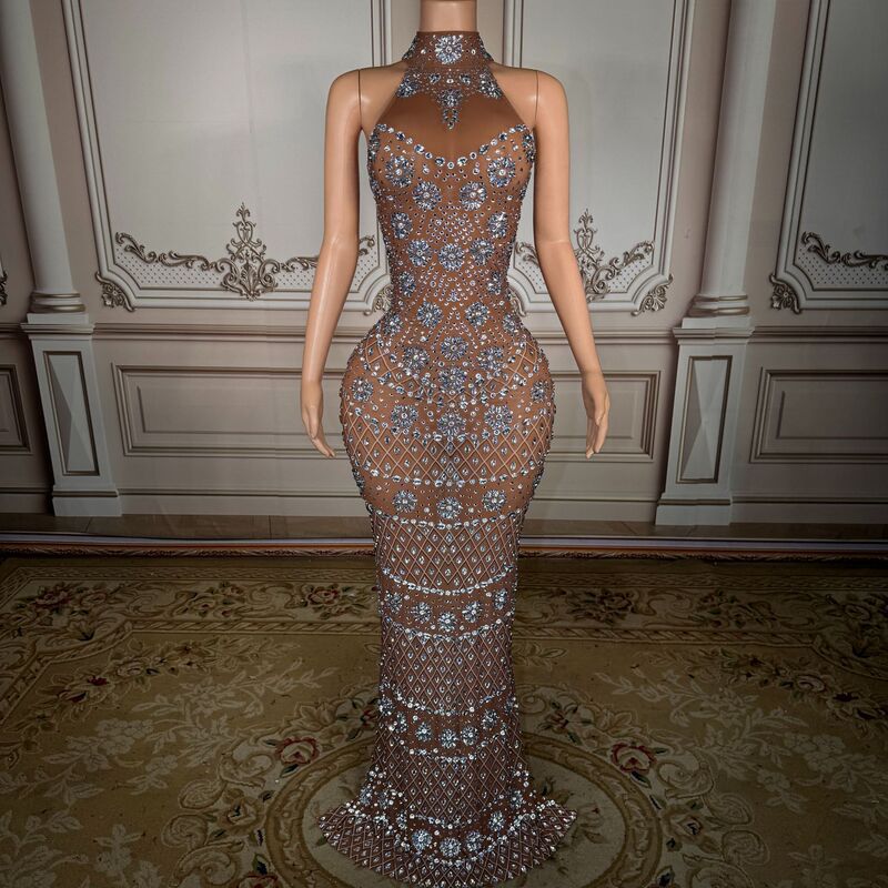 Sparkling Diamond Strapless Sleeveless Backless Sexy Slit Mermaid Dress for Company Annual Meeting Host Elegant Evening Gown