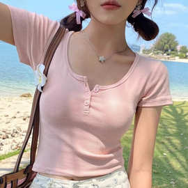夏季新款甜辣妹短袖T恤女短款纯欲风粉色修身型显瘦小个子上衣ins