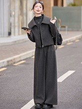 小香风时尚大翻领毛呢套装女秋冬新款感宽松显瘦阔腿裤两件套