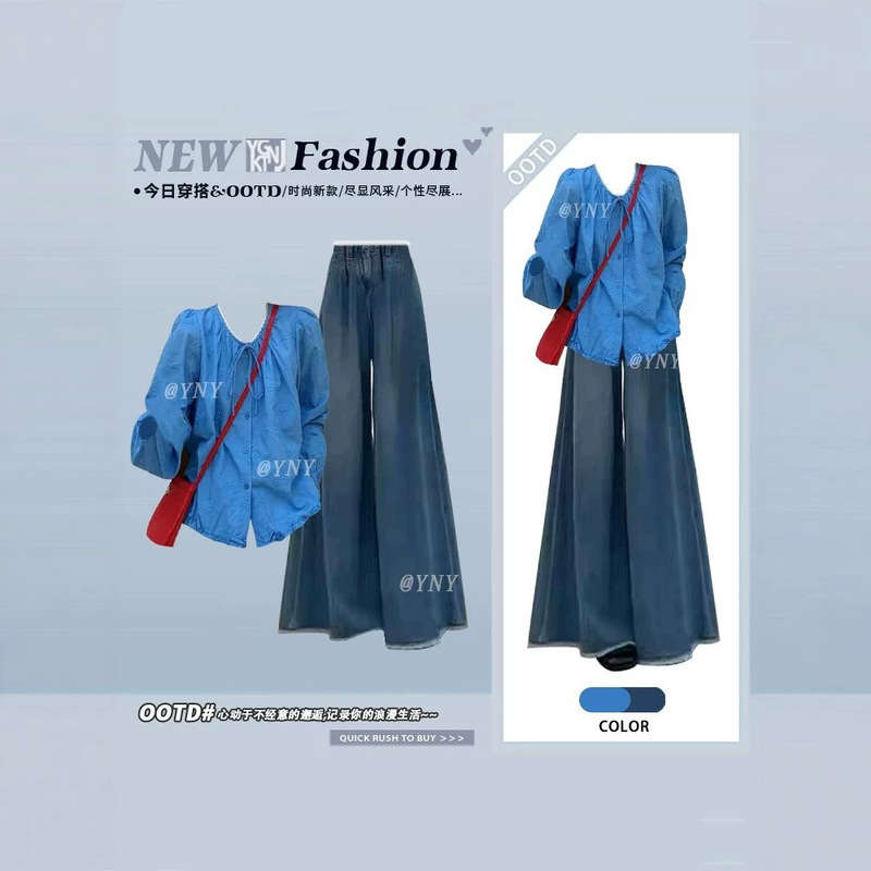 Retro Artistic Style Slit Lace-Up Lantern Sleeve Sun Protection Shirt for Women Paired with Wide-Leg Pants for a Fashionable Outfit