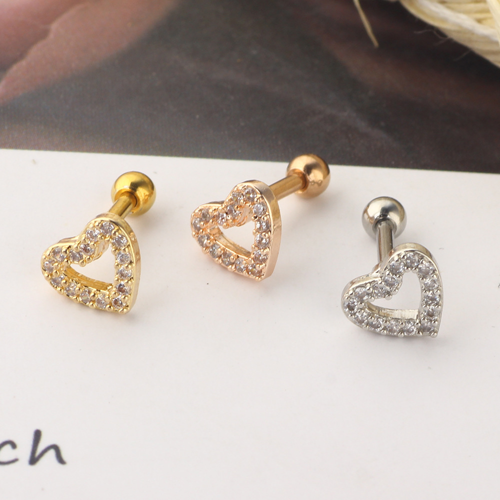 Simple Style Heart Shape Stainless Steel Hollow Out Zircon lip stud Ear Studs 1 Piece