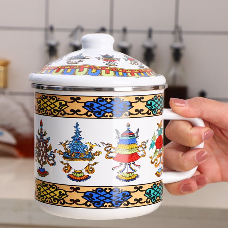 6N欧丽家搪瓷异域风格搪瓷杯铁茶缸子八宝花午马马克杯水杯带盖中
