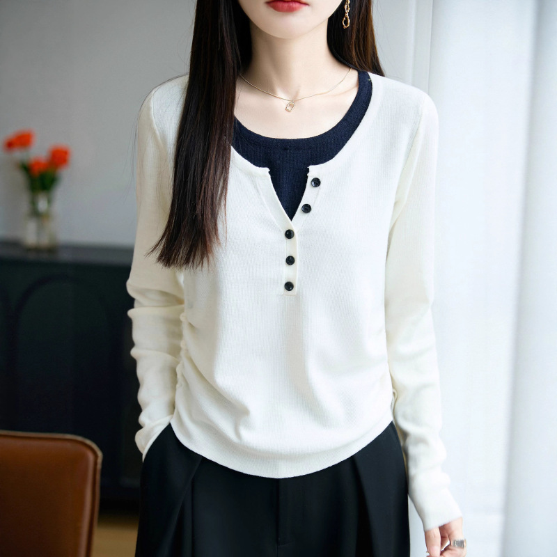 2025秋季新款假两件女士针织衫毛衣气质修身显瘦长袖上衣女A7124|undefined