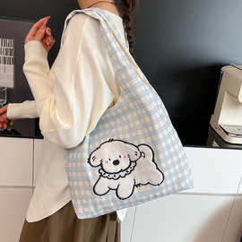新款可爱格子帆布包刺绣小狗图案韩系大容量单肩包卡通便携手提包