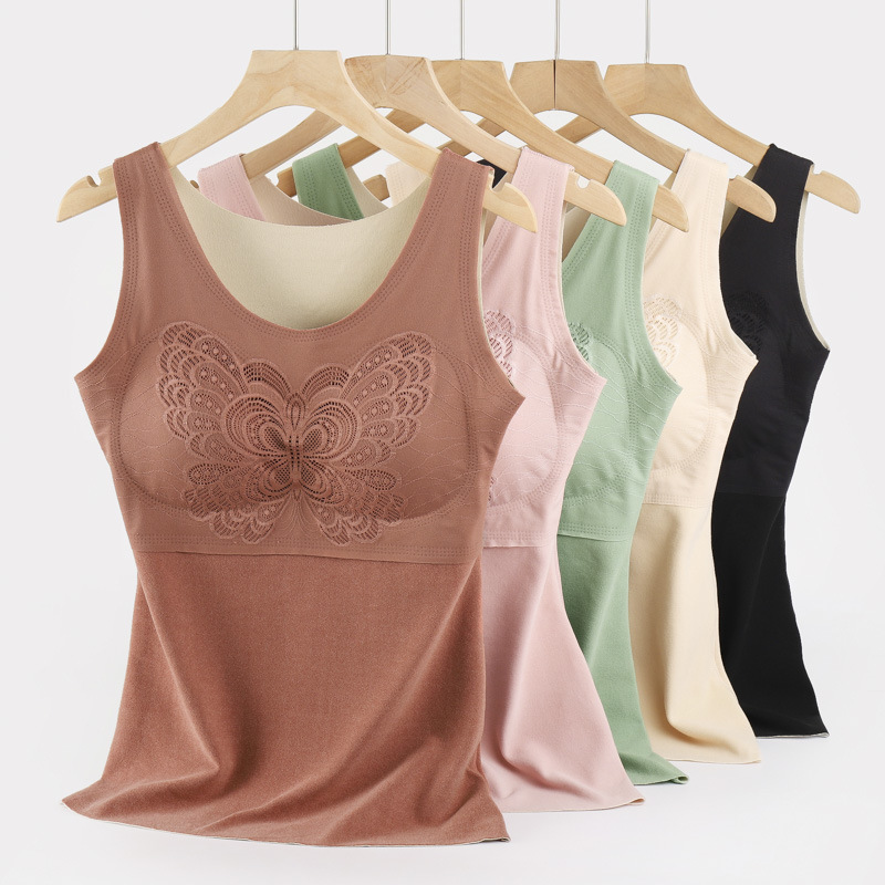 双面磨毛秋冬德绒保暖背心女带胸垫修身防寒无痕蕾丝发热打底马甲|ru