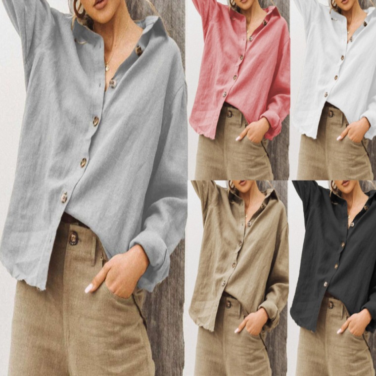 2026 Spring/Summer Cross-Border Exclusive Supply for Amazon and Wish, European and American Fashion Lapel Long-Sleeve Cotton-Linen Loose Women's Shirt 2026 Spring/Summer Cross-Border Exclusive Supply for Amazon and Wish, European and American Fashion Lapel Long-Sleeve Cotton-Linen Loose Women's Shirt
