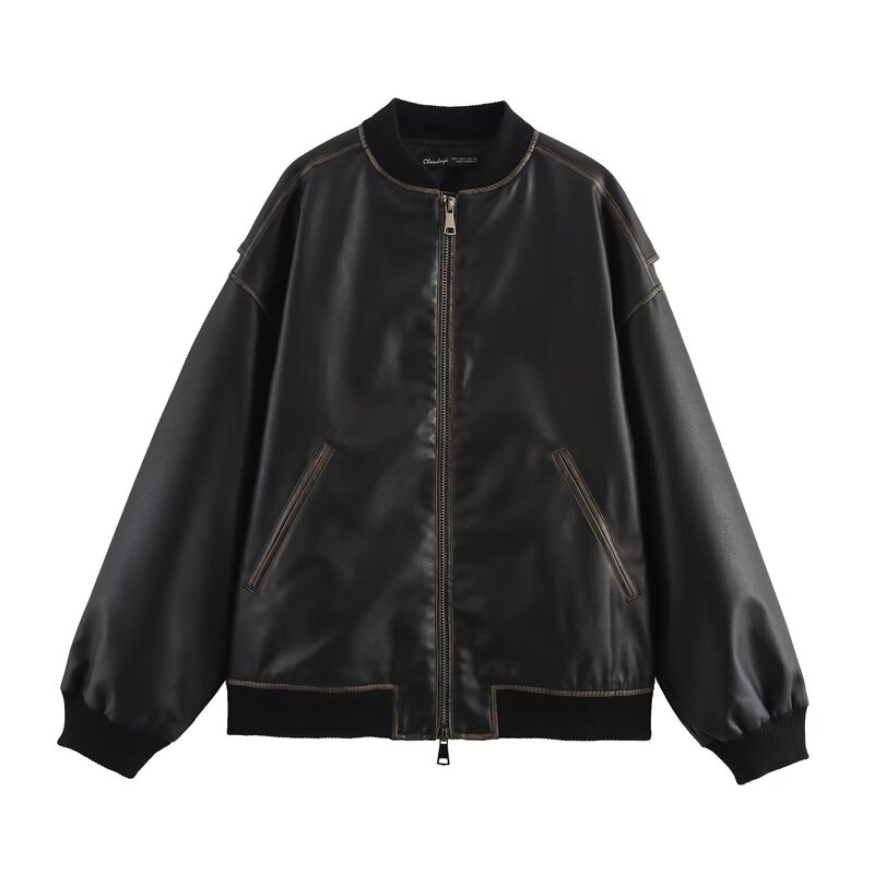 Autumn 2024 Ins Womens Leather Loose Bomber Jacket Coat