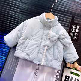 黁白女童蝴蝶结加厚保暖外套2025冬季新款女宝洋气蕾丝边夹棉棉衣
