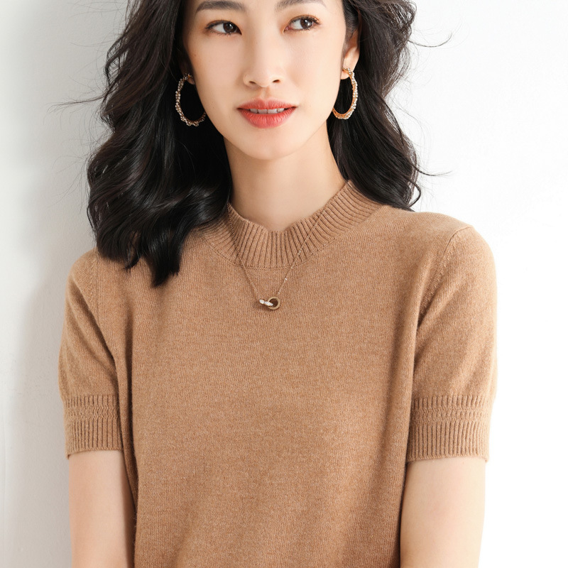 Wool Blend 2026 Spring New Women's Slim Fit Half-High Collar Solid Color Short Pullover Short-Sleeve Base Knit Top