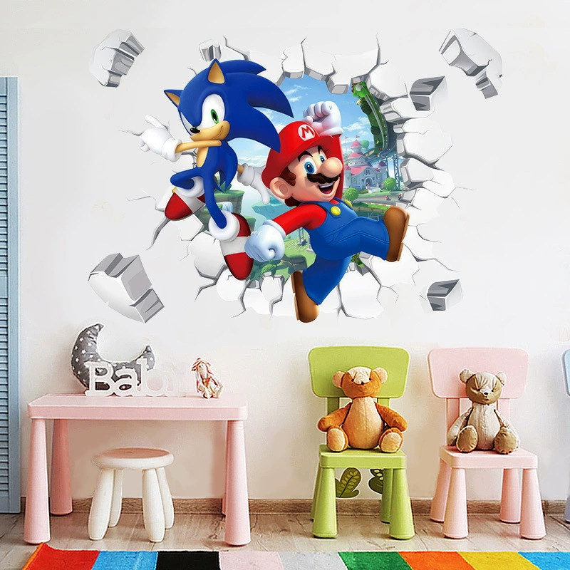 Наклейки на стену Sonic Mario для мальчиков, прикроватные украшения для спальни, самоклеящиеся плакаты, наклейки из ПВХ, наклейки на стеклянный шкаф