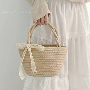 Pastoral Style Handmade Woven Bag Cotton Cotton Environmental Protection Handbag Internet Celebrity Commuter Snack Cosmetics Storage Bag Hand Gift