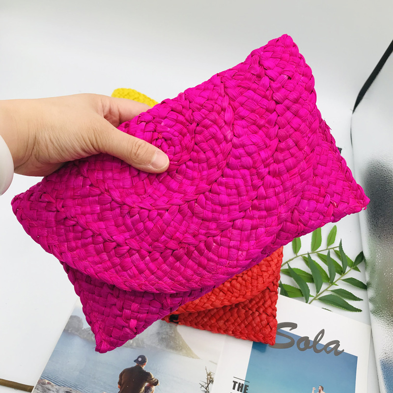 Yellow Red Green Straw Solid Color Weave Square Evening Bags display picture 7