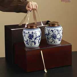 高档陶瓷青花茶叶罐子大罐防潮保鲜白红绿茶密封罐烤漆木盒印logo