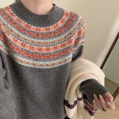之言25秋冬女装羊毛衫韩系复古费尔岛雪花刺绣100羊毛针织衫毛衣