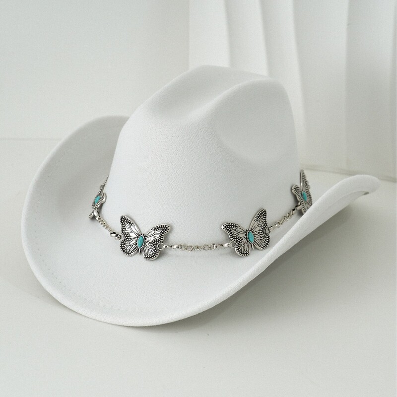 New Butterfly Metal Chain Accessories Top Hat High-End Outdoor Hat Ethnic Style Felt Western Cowboy Hat