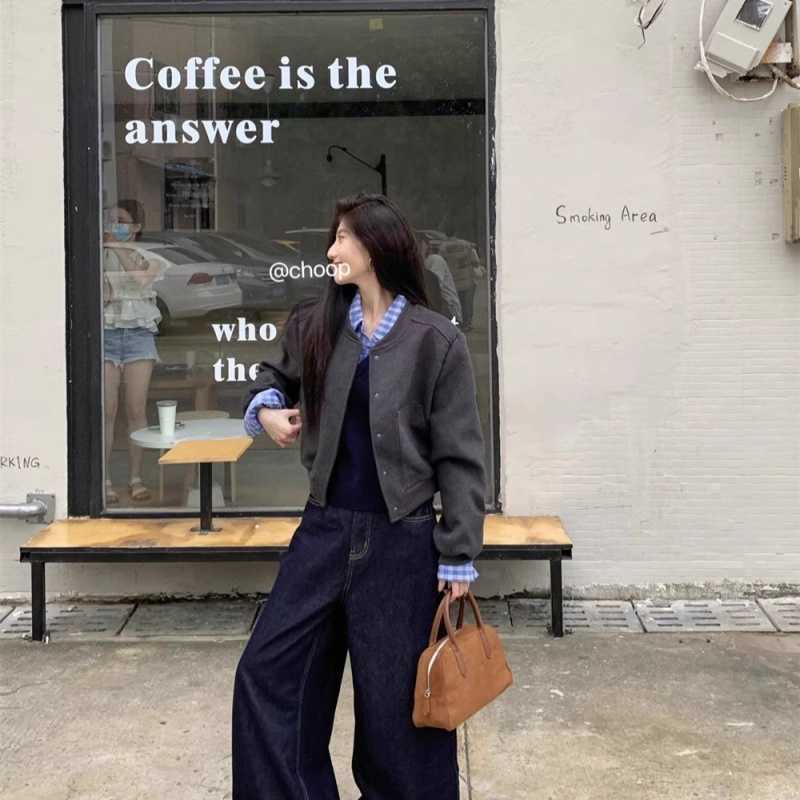 韩系复古灰色棒球服外套女秋季新款高级感慵懒风宽松休闲夹克上衣